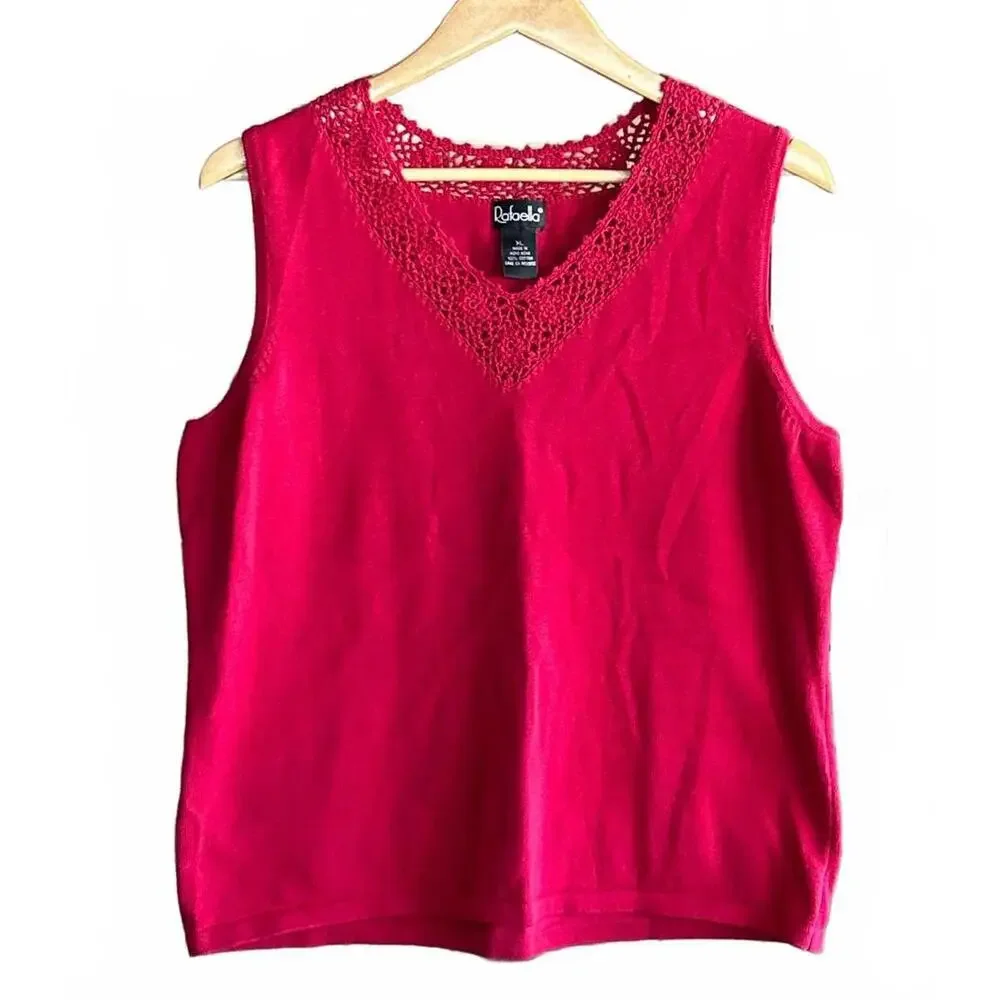 NWT Rafaella Knit Top XL Red Crochet Neckline Sleeveless Boho